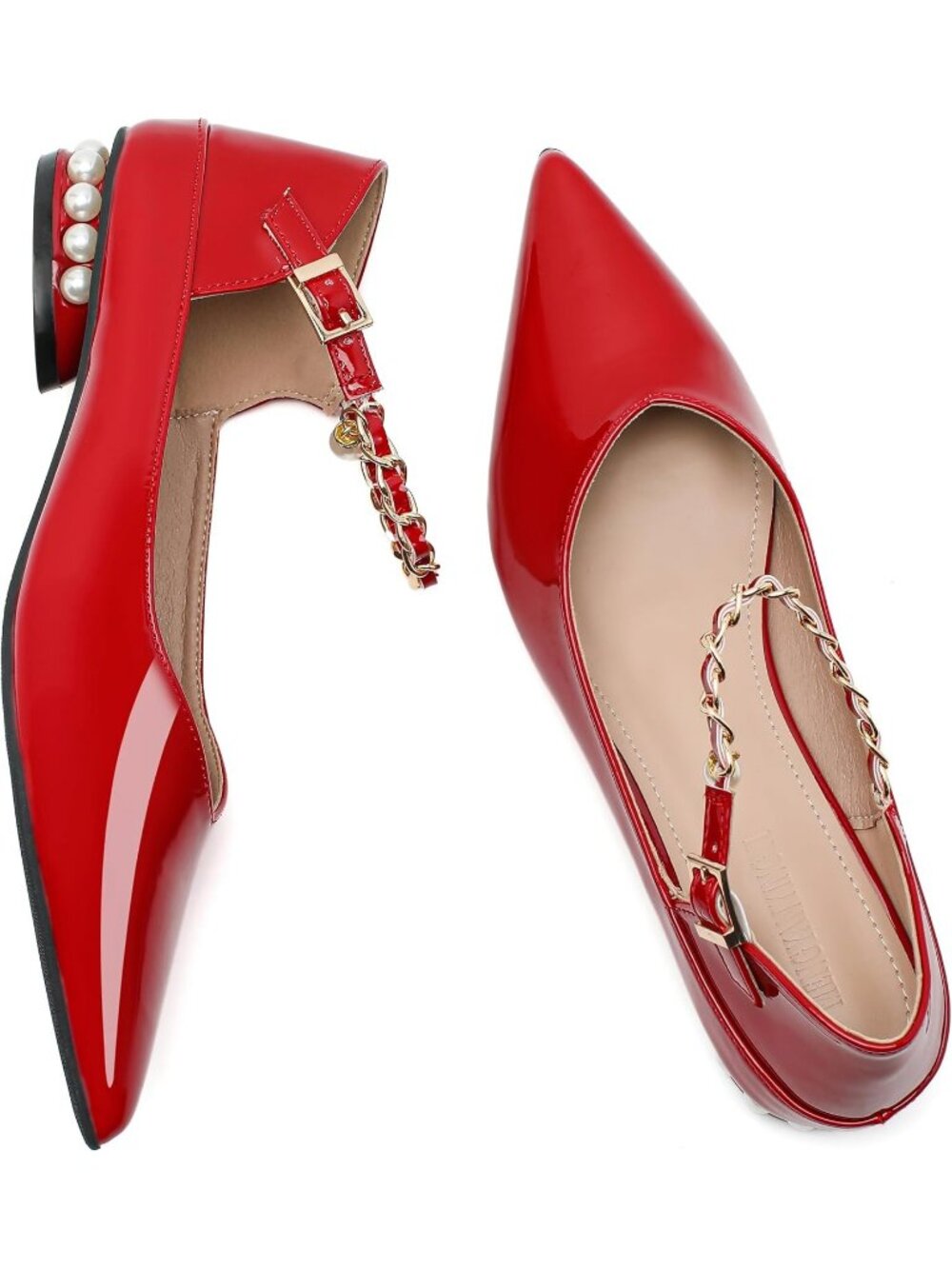 Women's Red Rhinestone Pointed Toe Non Slip Comfort Breathable Mary Jane Flats - Picture 5 of 5